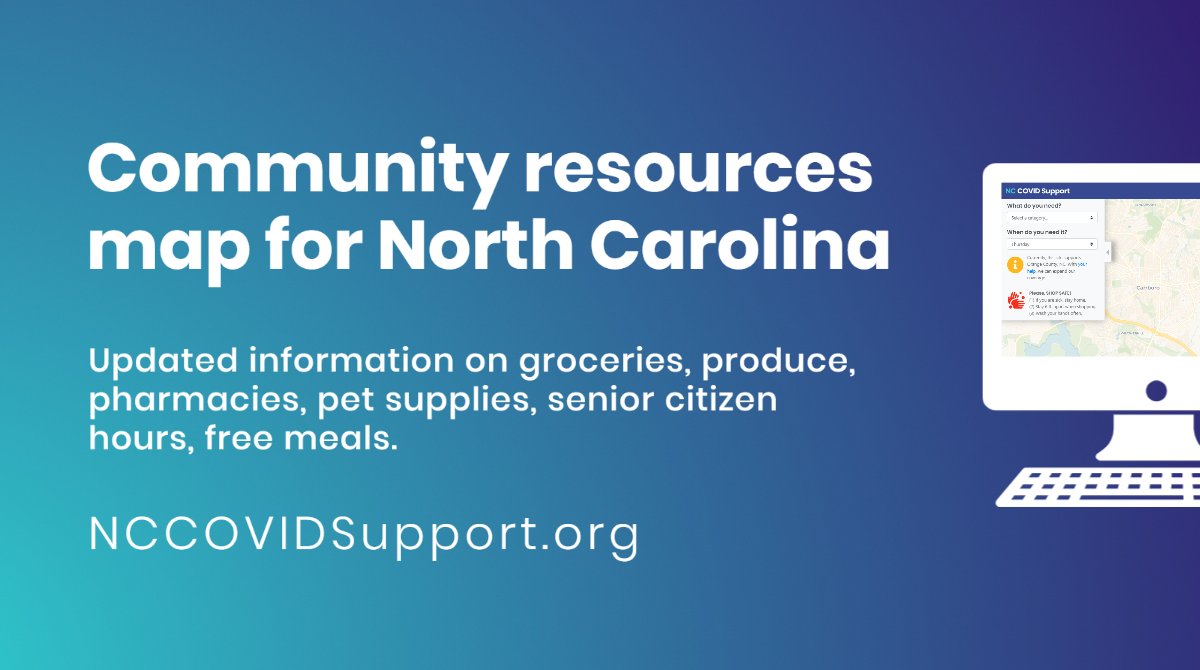 nccovidsupport's tweet card. Find updated information on groceries, produce, pharmacies, pet supplies, senior citizen hours, free meals and more.
