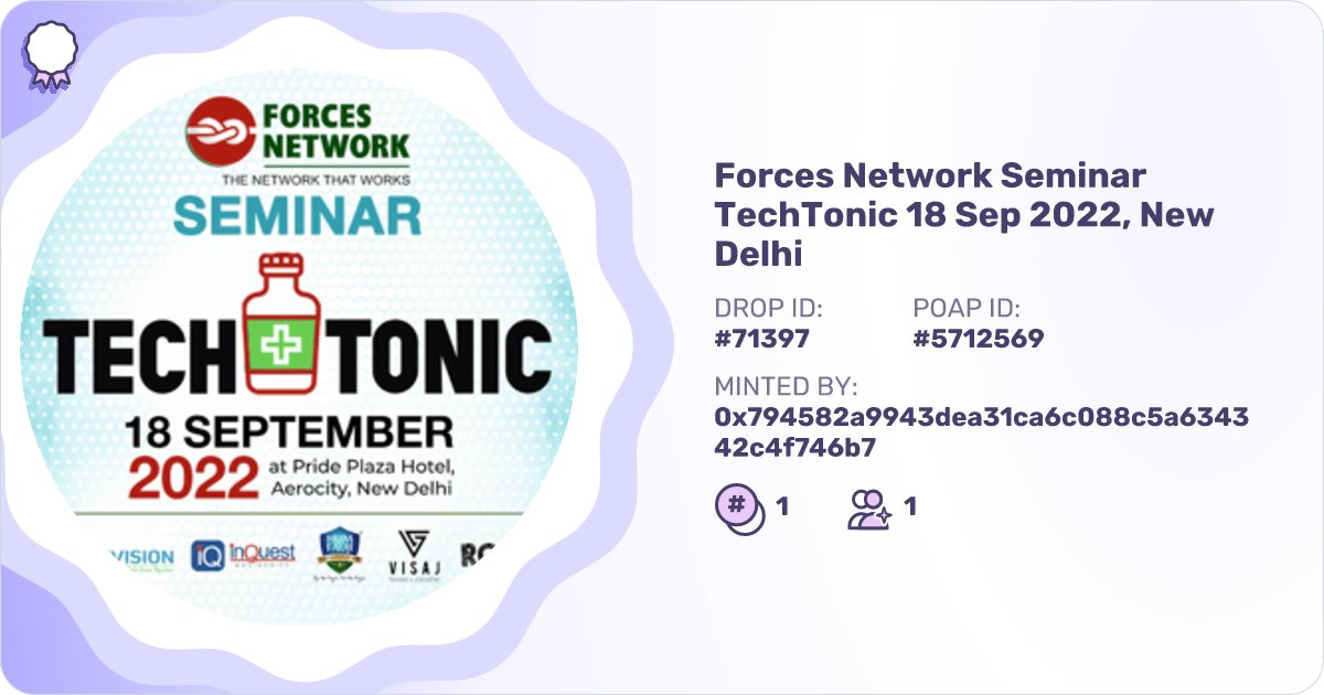 ForcesNetwork1's tweet card. 0x794582a9943dea31ca6c088c5a634342c4f746b7 has a collection of 1 POAP