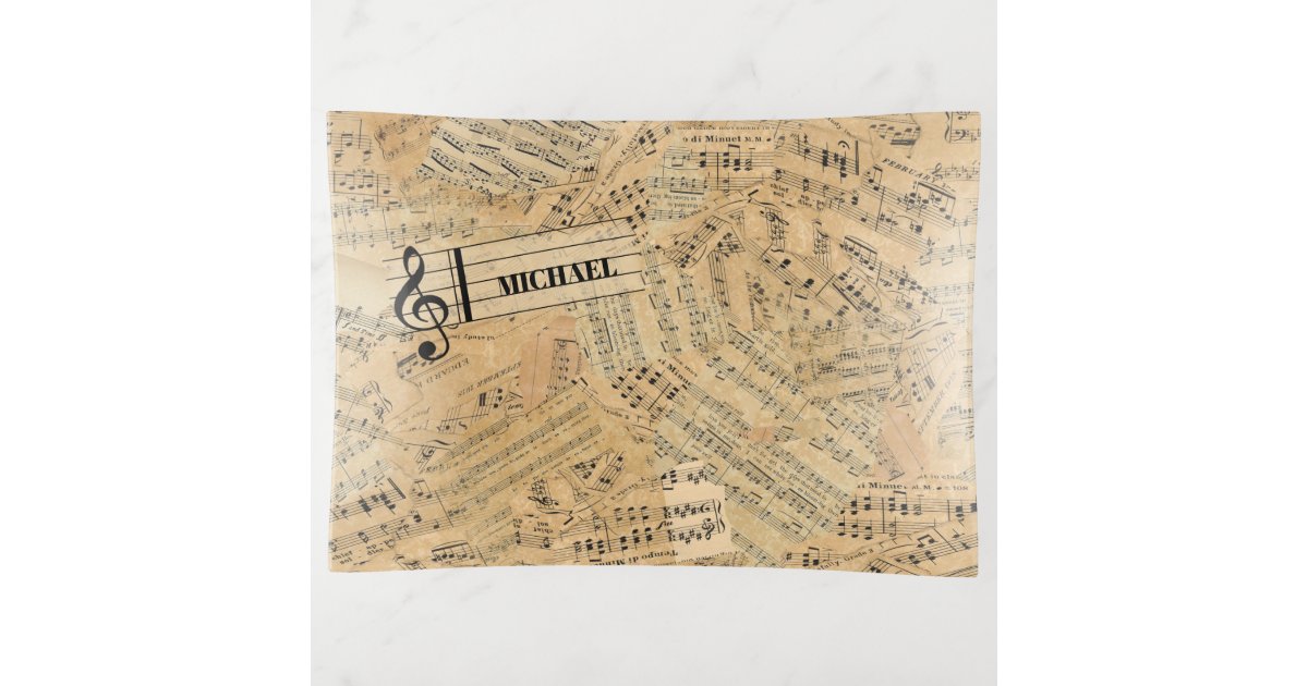 ArrayStores's tweet card. Scraps of vintage sheet music, musical notes and lyrics form the unique, seamless pattern for this trinket tray design that is both trendy and upbeat. A music staff and treble cliff label has been...