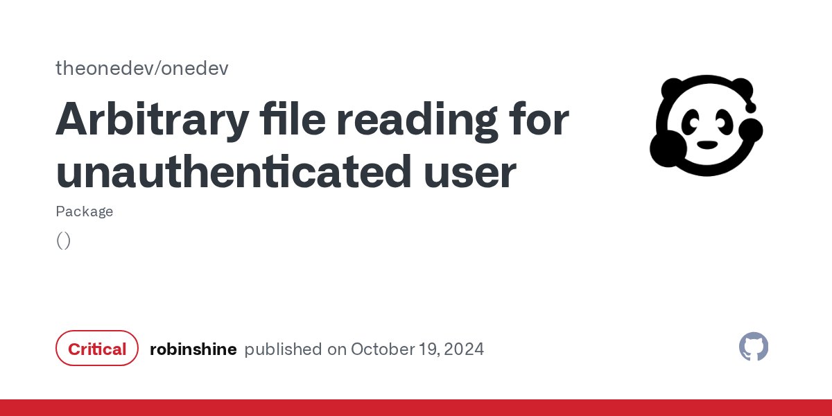 Siebene7's tweet card. ### Impact A criticial security vulnerability was found allowing unauthenticated user reading arbitrary file accessible by OneDev server process. ### Patches This issue has been fixed in 11.0...