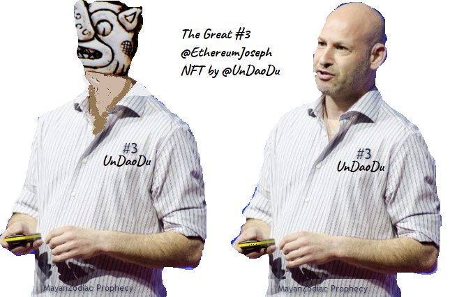 Foundups's tweet card. There are 19 differences in the 2 images of @ethereumJoseph #3 of the Mayan Zodiac prophecy, can you find them? #UnDaoDu on 10.10.16 at #Devcon2 was confronted by a short bold man -- "You are him!...