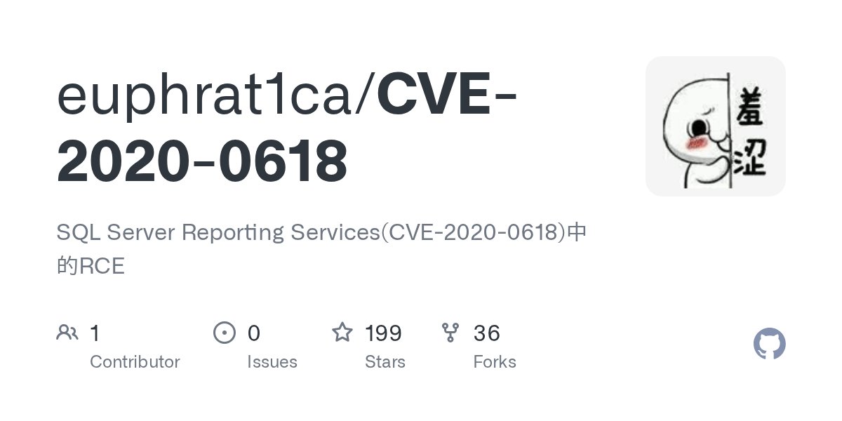 Madrobot_'s tweet card. SQL Server Reporting Services(CVE-2020-0618)中的RCE. Contribute to euphrat1ca/CVE-2020-0618 development by creating an account on GitHub.