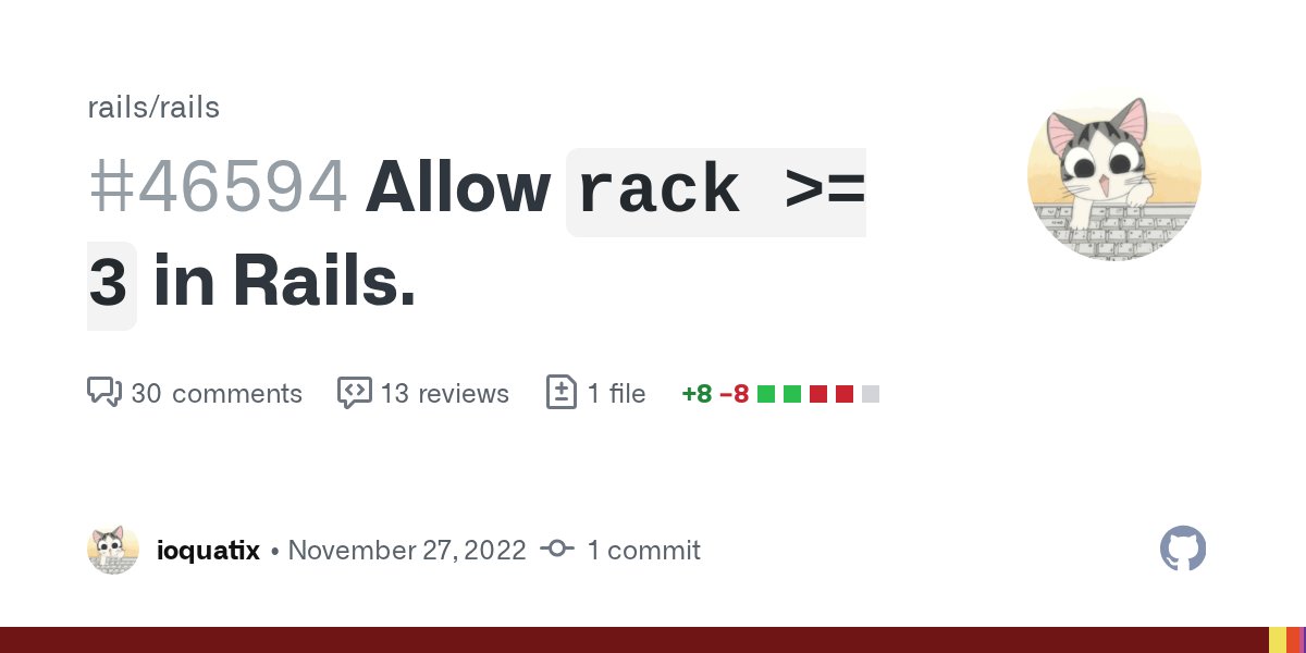 ioquatix's tweet card. Allow Rack 3 to be used in Rails. Blocked By: use Karma as the test runner for the UJS tests #46206