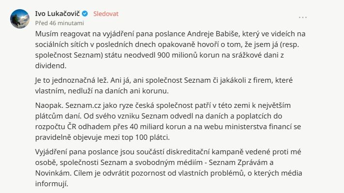 rozanek's tweet card. Seznam nedluží na daních ani korunu, uvedl ve čtvrtek na sociální síti Lidé.cz jeho vlastník Ivo Lukačovič. Za jednoznačnou lež pak označil opakovaná tvrzení předsedy ANO Andreje Babiše, že Seznam či...