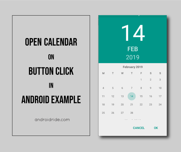 AndroidRide's tweet card. In this example, You will learn how to open calendar on button click in Android with an example. Here I use DatePickerDialog, not CalendarView. Beginners tend to use Calendar, that's why I use that...