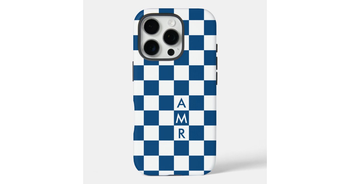 RocklawnArts's tweet card. Cool iPhone case features a bold blue and white checkered pattern with a customizable monogram. Add (or delete) 3 initials or numbers in the sidebar to personalize it. The geometric checkerboard...