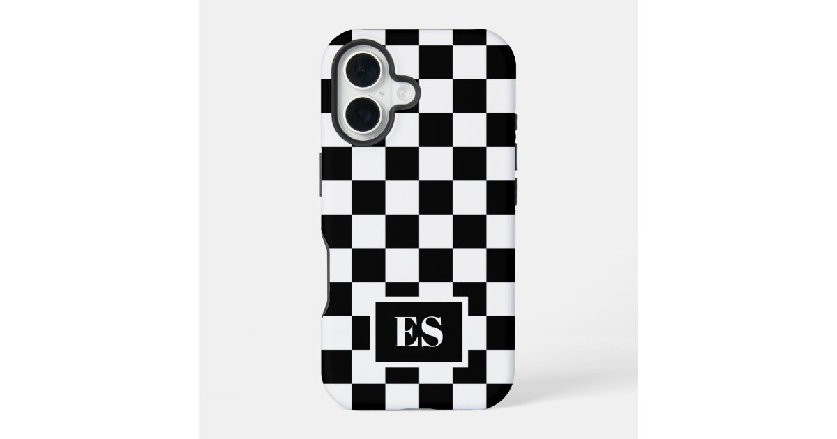 RocklawnArts's tweet card. Cool iPhone case features a bold black and white checkered pattern with a customizable monogram in a black rectangle near the bottom. Add your initials in the sidebar to personalize it. The geometric...