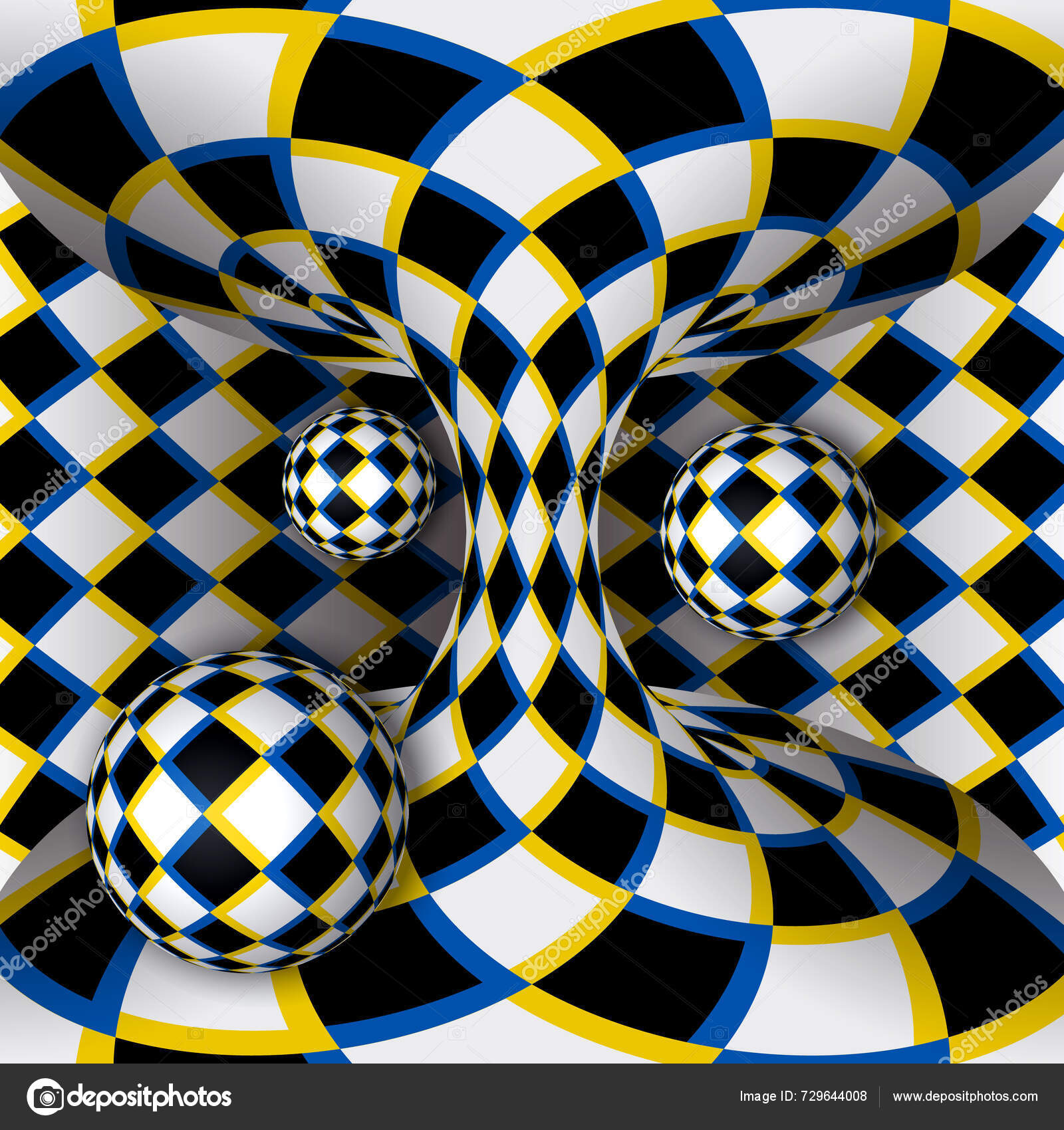 yurrey_p's tweet card. Abstract composition of geometric 3D objects with a checkered pattern. Vector psychedelic optical illusion illustration.