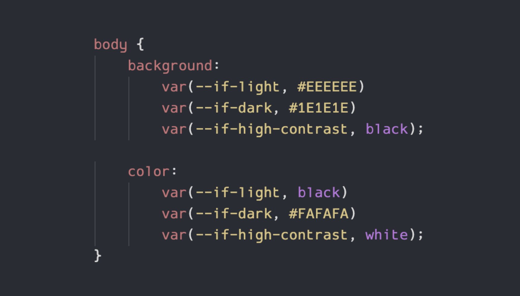 chipx86's tweet card. Using conditional CSS Variables to make it easier to style your site for light mode, dark mode, and more.