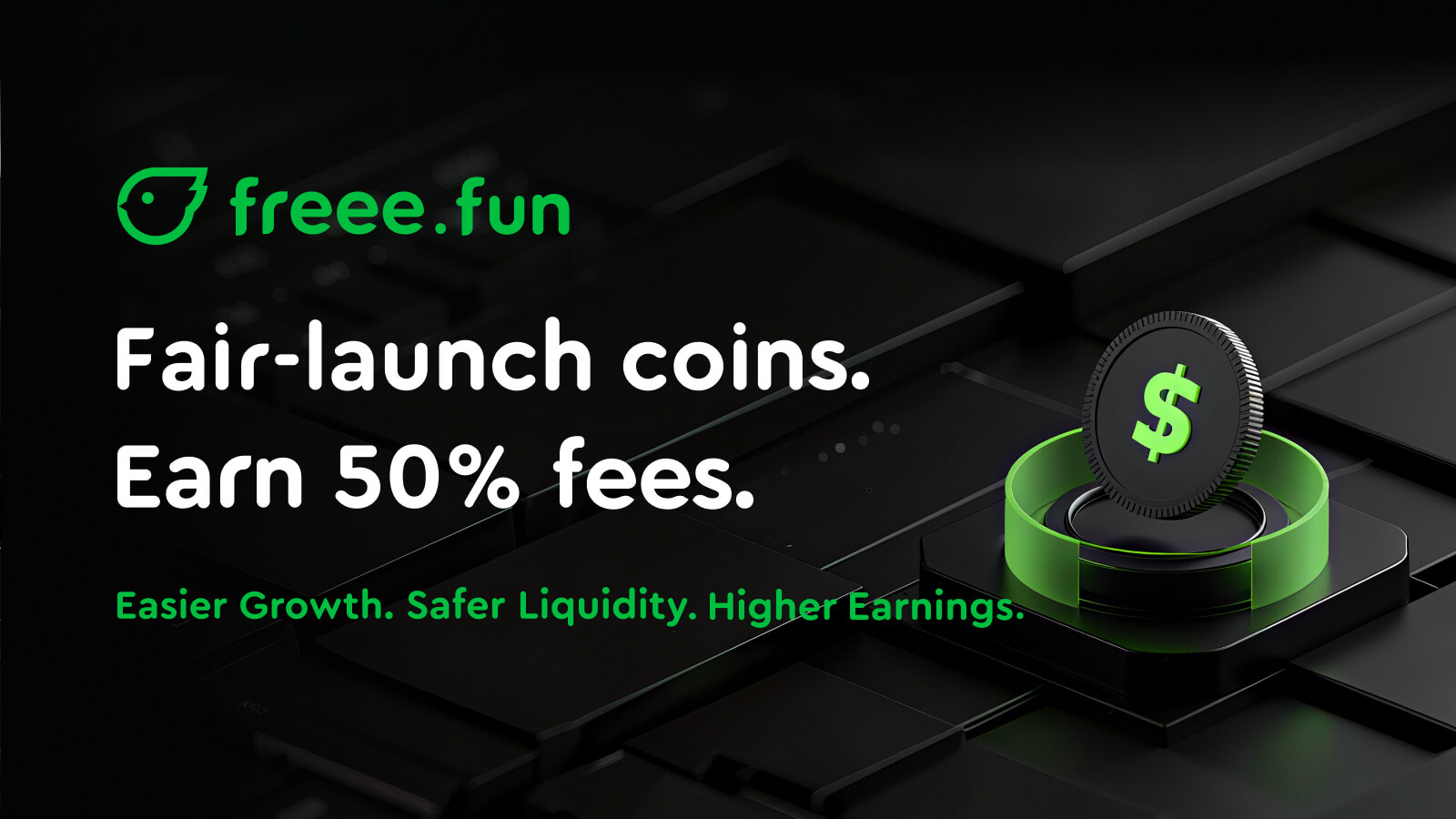 freeedotfun's tweet card. freee.fun | Click once. Launch your coin. → Earn 50% of the trading fees. Forever.