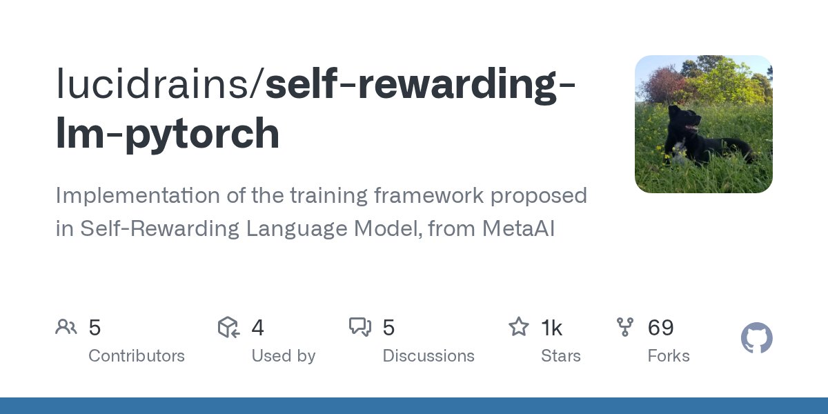 PyTorchPractice's tweet card. Implementation of the training framework proposed in Self-Rewarding Language Model, from MetaAI - lucidrains/self-rewarding-lm-pytorch
