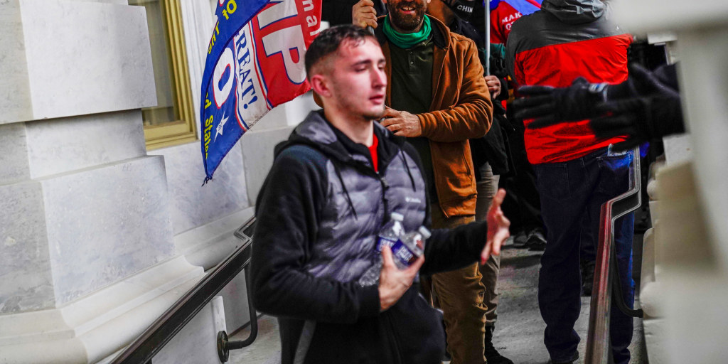 LibsInAmerica's tweet card. Matthew Beddingfield, 22, who pleaded guilty to assaulting or impeding officers on Jan. 6, was identified by online sleuths who got a lead with facial recognition.