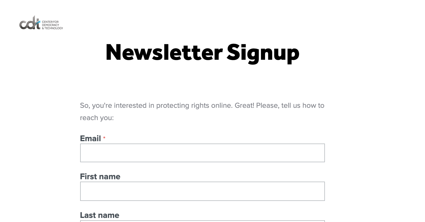 CenDemTech's tweet card. Interested in getting the latest from CDT in your inbox? Newsletters, breaking news releases, and more? Head over to our website & signup.