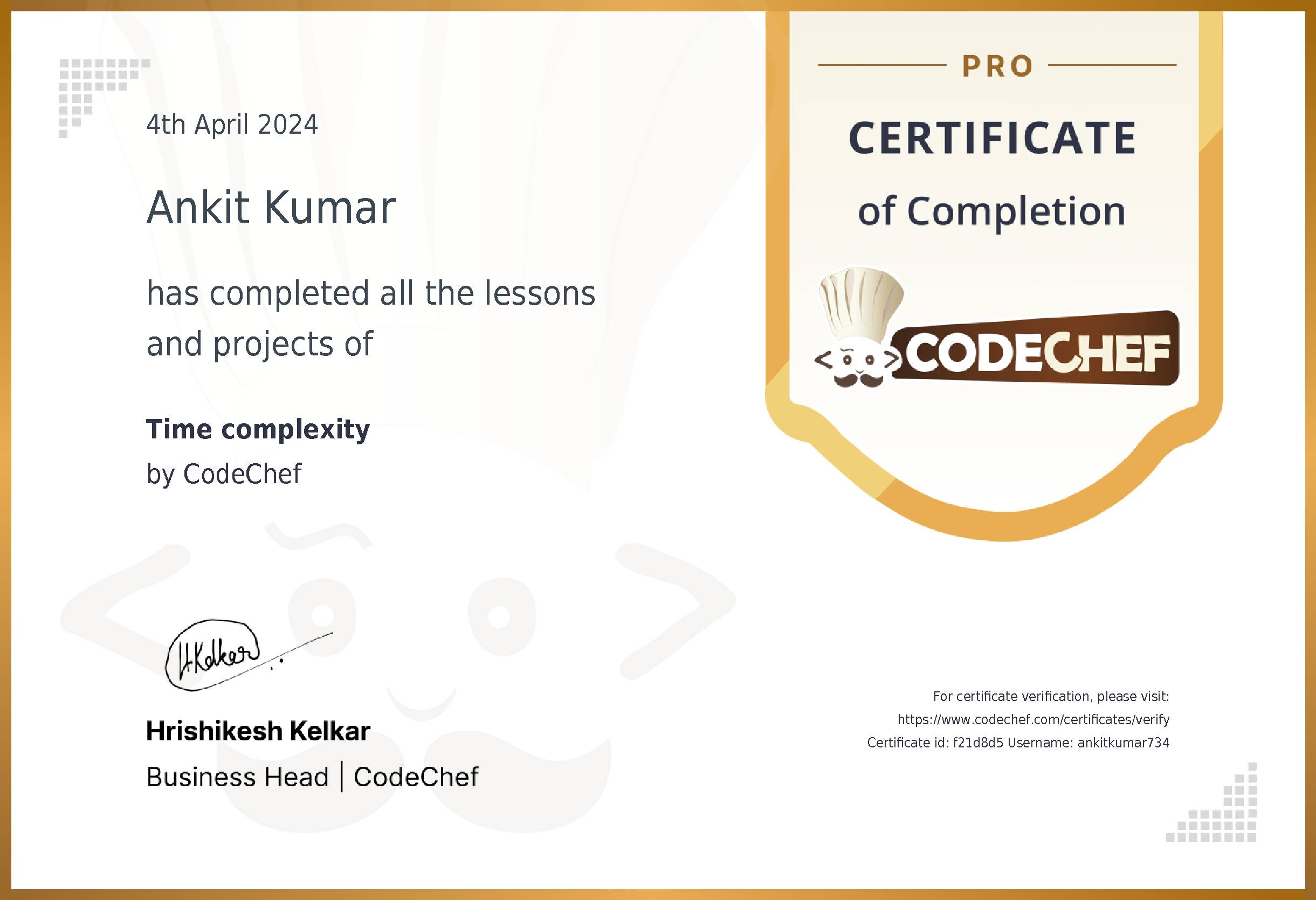 ankitkumar734ac's tweet card. Certificate for completing all the lessons and practice projects in Time complexity