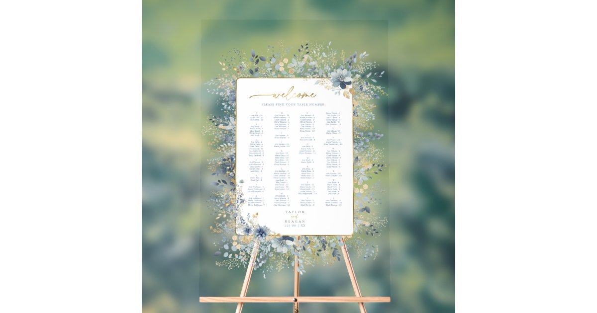 ArrayStores's tweet card. This elegant wedding suite features delicate floral and foliage designs in a dusty blue and gold color scheme for a cohesive and stunning wedding theme. The coordinating 'Seating Chart' acrylic sign...