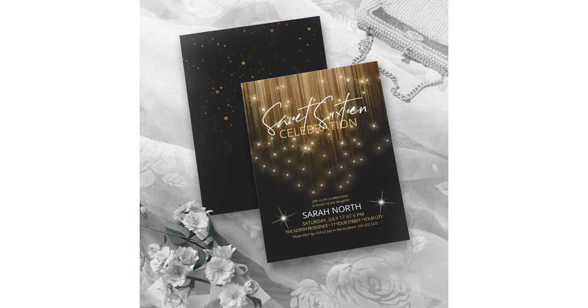 ArrayStores's tweet card. Golden lights, like the rainfall of glass on a chandelier, cascade down the face of this striking invite that also features an eye-catching signature font for the text 'Sweet Sixteen'. This glamorous...