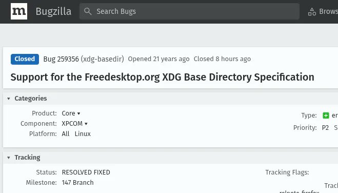 phoronix's tweet card. A 21 year old bug report requesting support of the XDG Base Directory specification is finally being addressed by Firefox