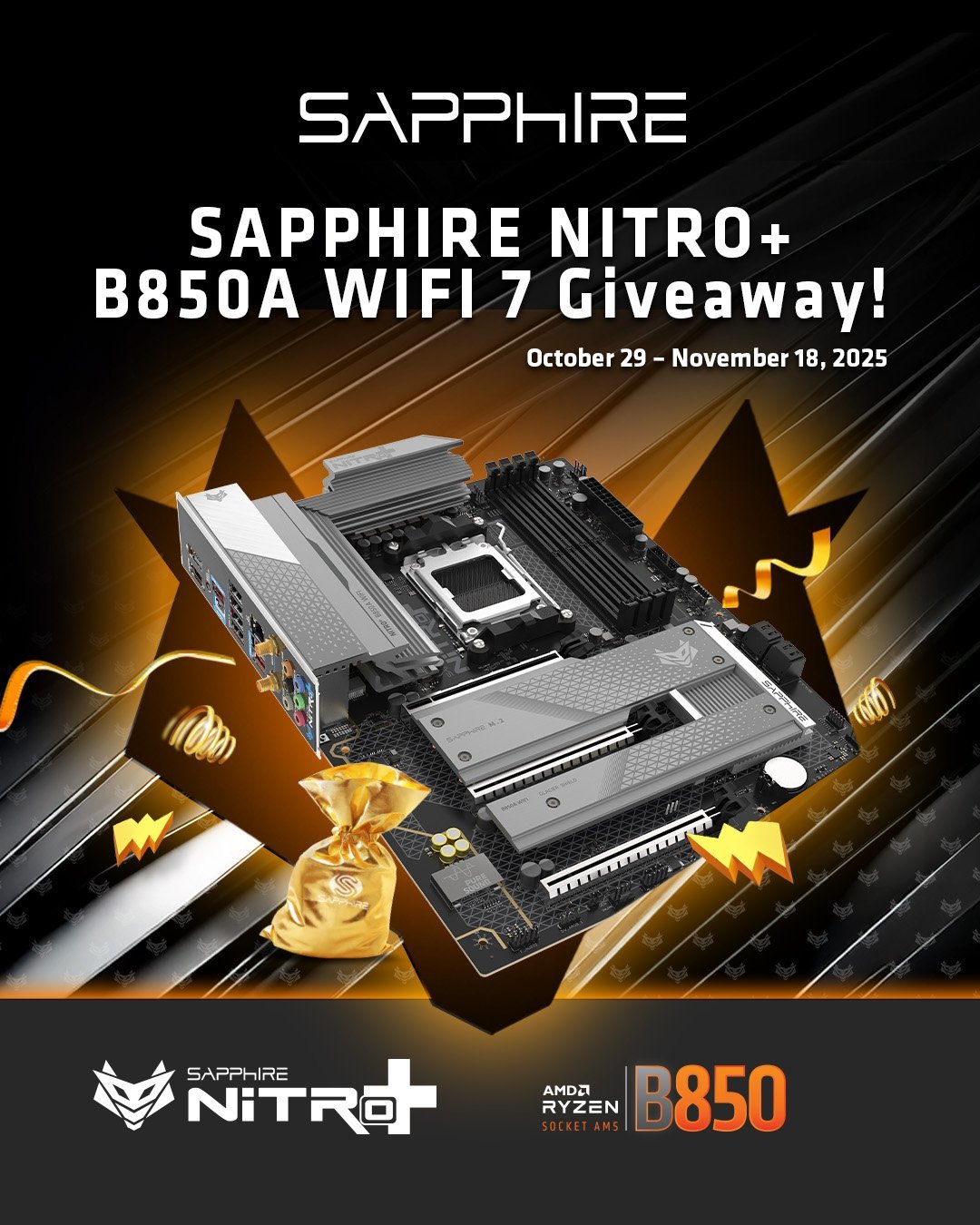 FreeJet's tweet card. 🎉SAPPHIRE NITRO+ B850A WIFI 7 GIVEAWAY🎉 1 lucky winner will receive: SAPPHIRE NITRO+ B850A WIFI 7 Motherboard Goodie Bag *IMPORTANT* In order to verify your entry, we are adding an extra verifica...