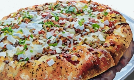 ryryjanssen's tweet card. The Pizzabirria from Sofia's Antojitos is a 12-inch pizza topped with birria meat and served with a side of consommé, a flavorful dipping