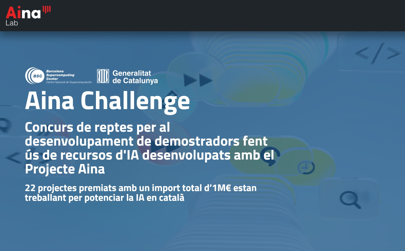 projecte_aina's tweet card. El concurs ha seleccionat 18 entitats que utilitzaran recursos generats pel Projecte Aina per a demostrar-ne la maduresa i la viabilitat en entorns reals L’atenció social, la salut, la justícia,...