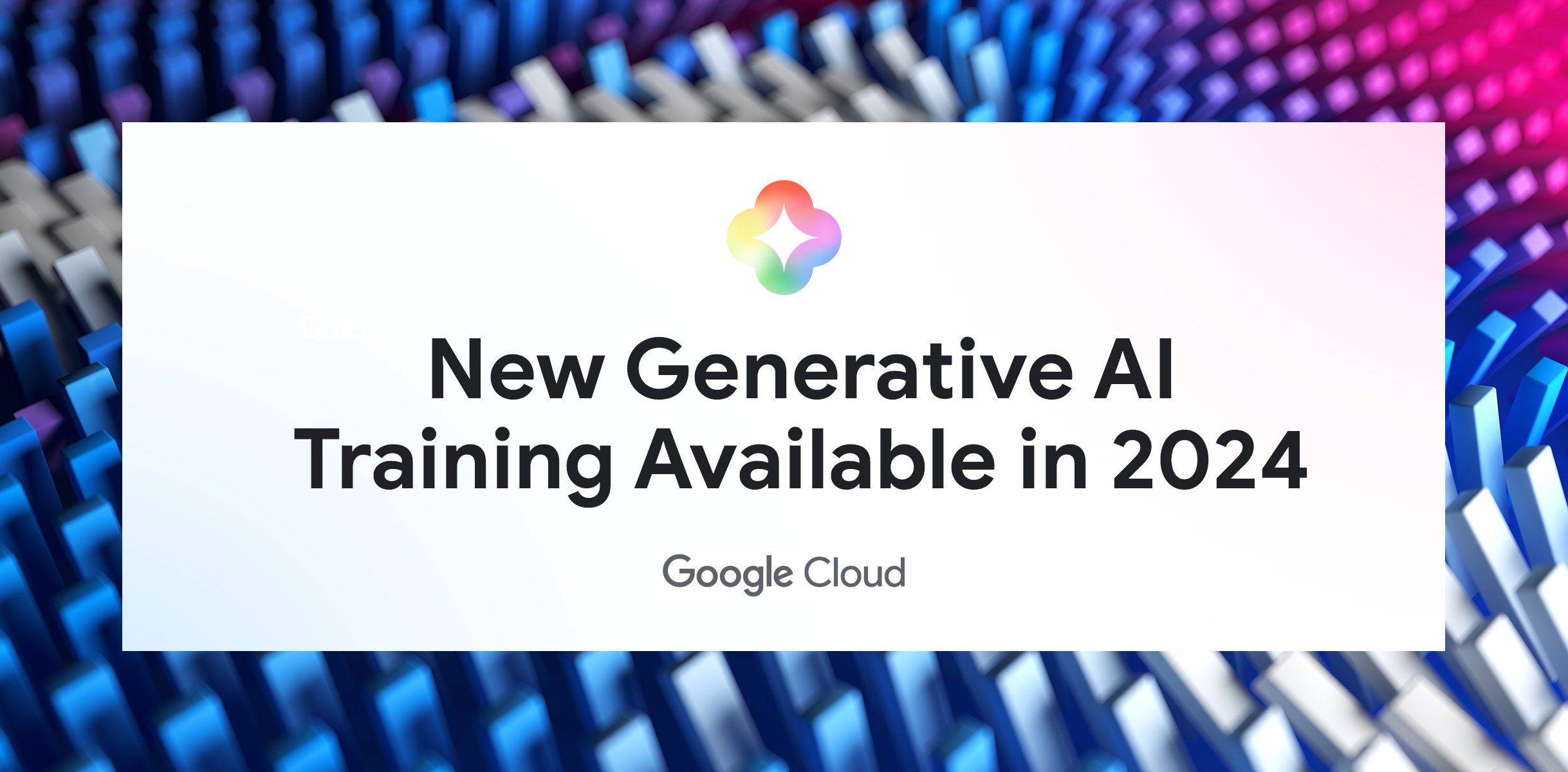 GoogleCloudTech's tweet card. 10 new trainings on Duet AI for Google Workspace and Duet AI can help you learn how to use generative AI to improve your productivity and efficiency.