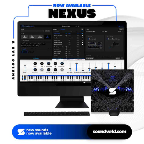 soundwrld's tweet card. Nexus (Analog Lab V Preset bank) - Journey into an entire new analog lab v bank! Comes with (+50) ambient, piano, keybaord, bells, pads and synth trap presets that offers infinite possibilities when...