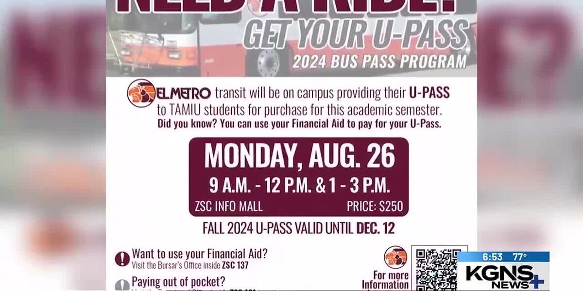 KGNSnews's tweet card. El Metro Transit will offer TAMIU students the U-PASS at the Student Center on Monday as part of the 2024 Bus Pass Program.