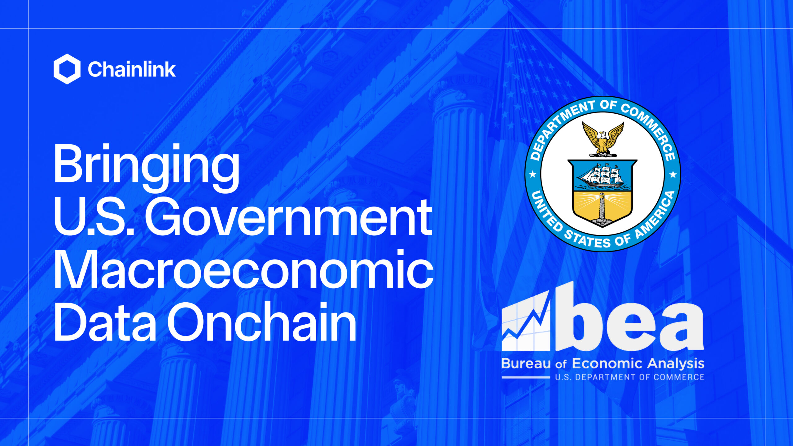 chainlink's tweet card. Chainlink worked with the United States Department of Commerce to bring U.S. government macroeconomic data onchain.