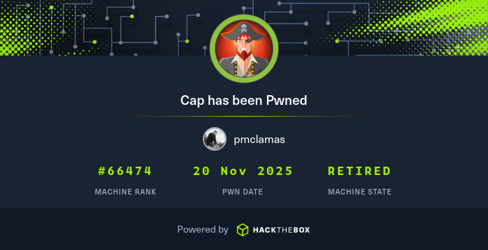 pmclamas's tweet card. I have just owned machine Cap from Hack The Box