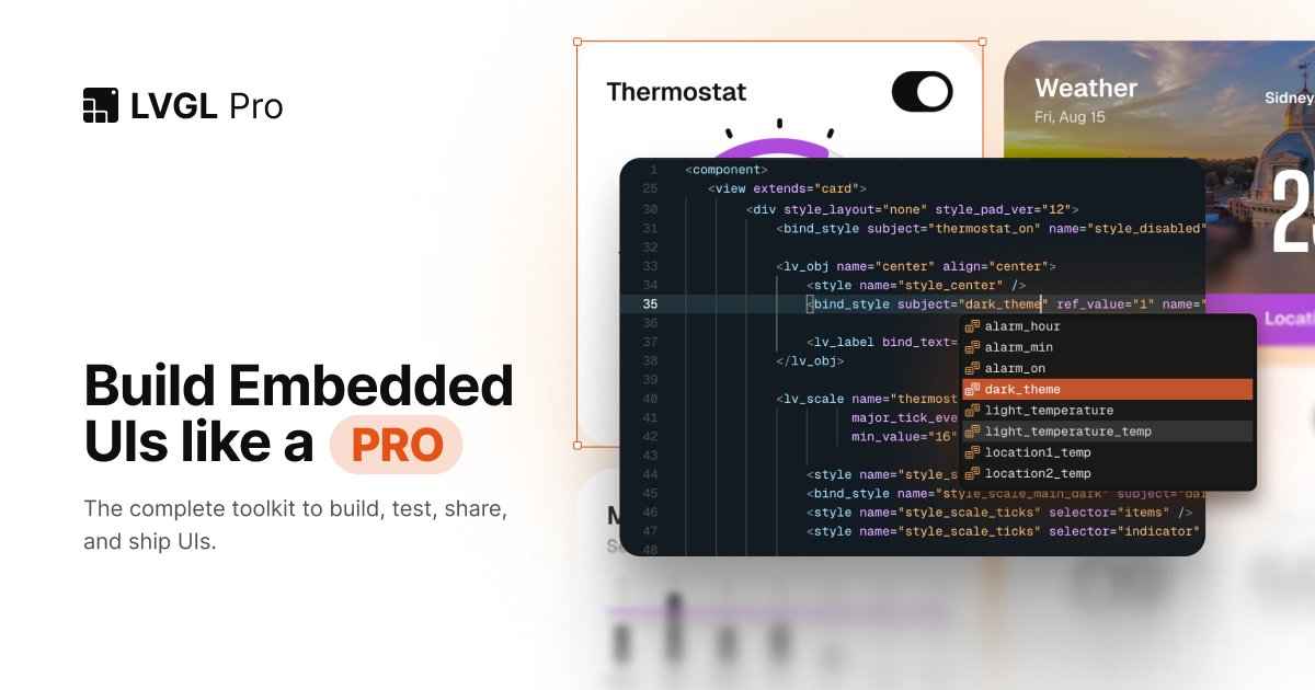 lvgl_io's tweet card. The complete toolkit to build, test, share, and ship UIs efficiently.