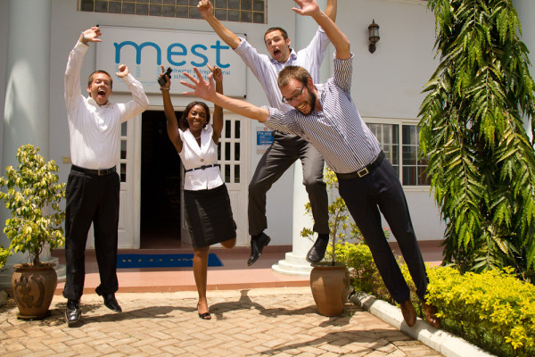MESTAfrica's tweet card. 'Who can touch the sky?!!!' Teaching fellows Brian, Kyle, Sebastian and head of Admin Ekua at #MESTguestLecture :)