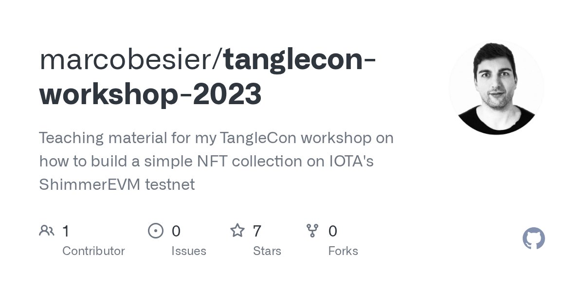 marcobesier's tweet card. Teaching material for my TangleCon workshop on how to build a simple NFT collection on IOTA's ShimmerEVM testnet - marcobesier/tanglecon-workshop-2023