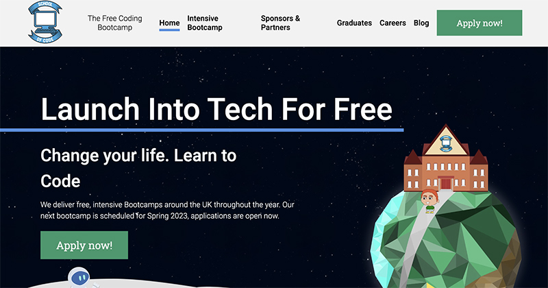 theSchoolOfCode's tweet card. Course takes learners with no prior coding experience to 'becoming work ready within 20 weeks'