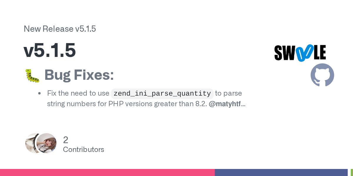 phpswoole's tweet card. 🐛 Bug Fixes: Fix the need to use zend_ini_parse_quantity to parse string numbers for PHP versions greater than 8.2. @matyhtf Fix an occasional resource unavailability issue when coroutineizing pdo...