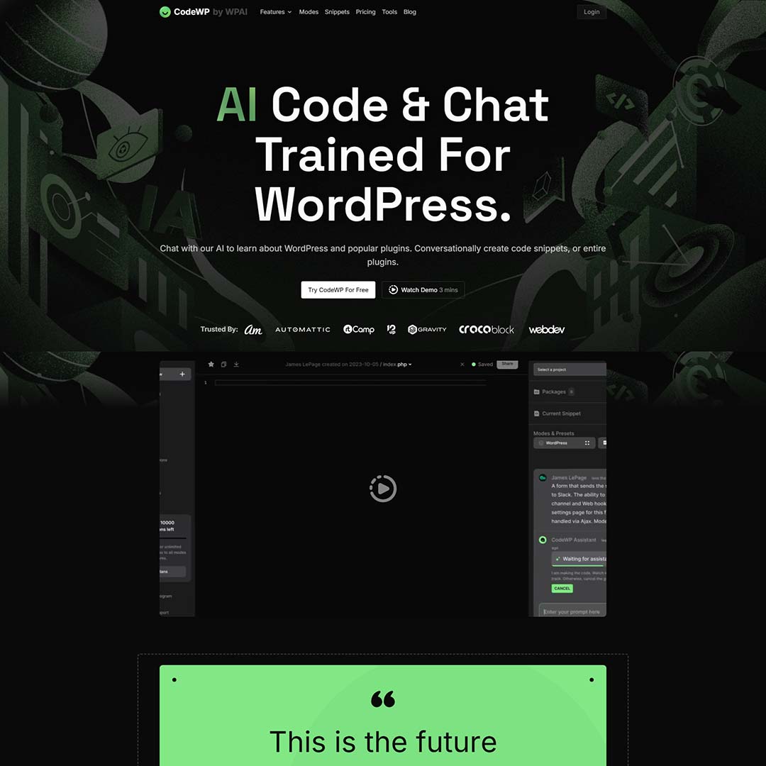 dcpwebdesigners's tweet card. CodeWP.ai is an AI-powered code generator specifically designed for WordPress creators, developers, and agencies.