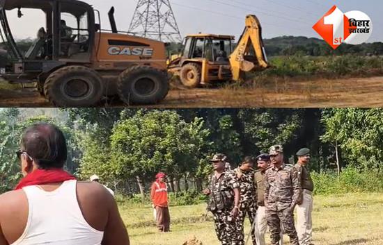 firstbiharnews's tweet card. मुंगेर में फोरलेन जमीन अधिग्रहण पर बवाल: मुआवजा विवाद के बीच चला बुलडोजर, कई रैयत हिरासत में