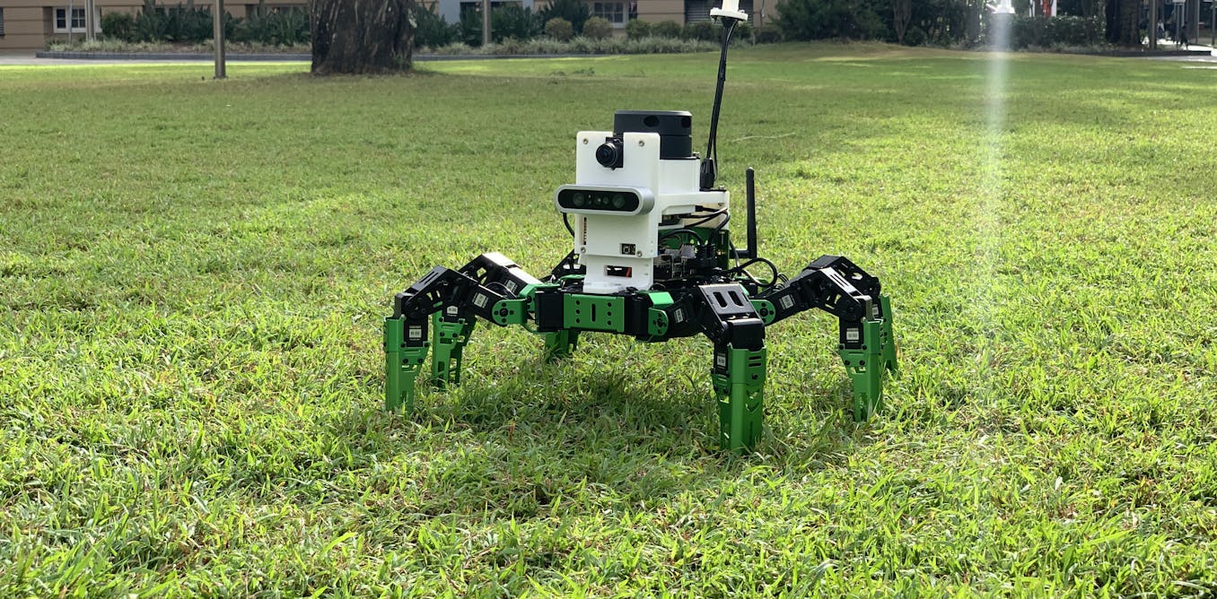 ConversationEDU's tweet card. Robots in challenging places like disaster zones need energy-efficient systems to find their way.