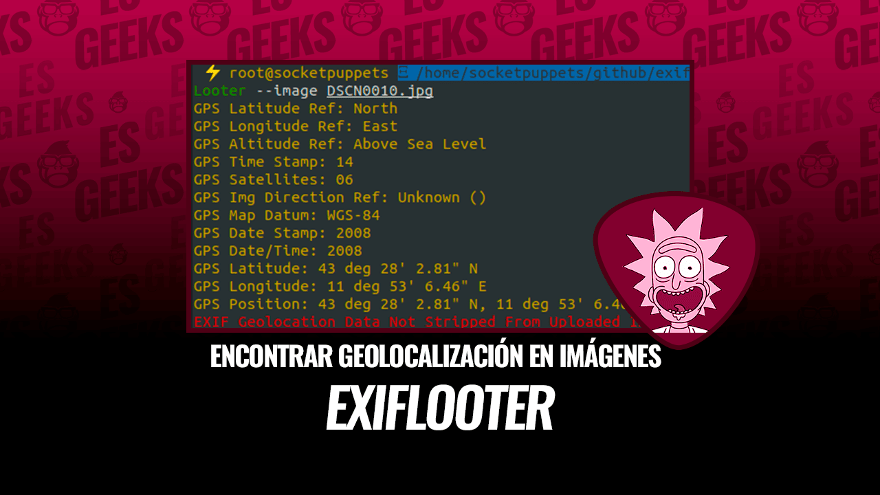 EsGeeks's tweet card. ExifLooter encuentra la geolocalización en todas las urls y directorios de imágenes; también se integra con OpenStreetMap.