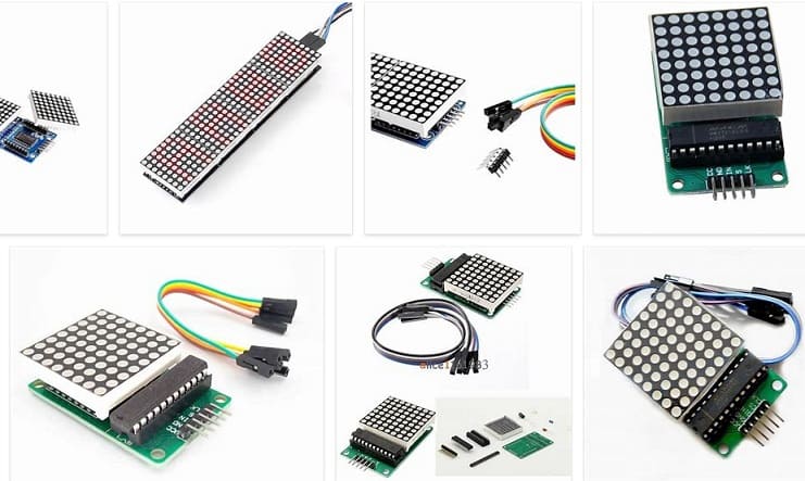 arduino_led's tweet card. Aprende a controlar (8x8, 8x32 y más grande) pantallas de matriz de puntos LED MAX7219 con Arduino . Diagrama de cableado y muchos ejemplos incluidos (texto scroll)