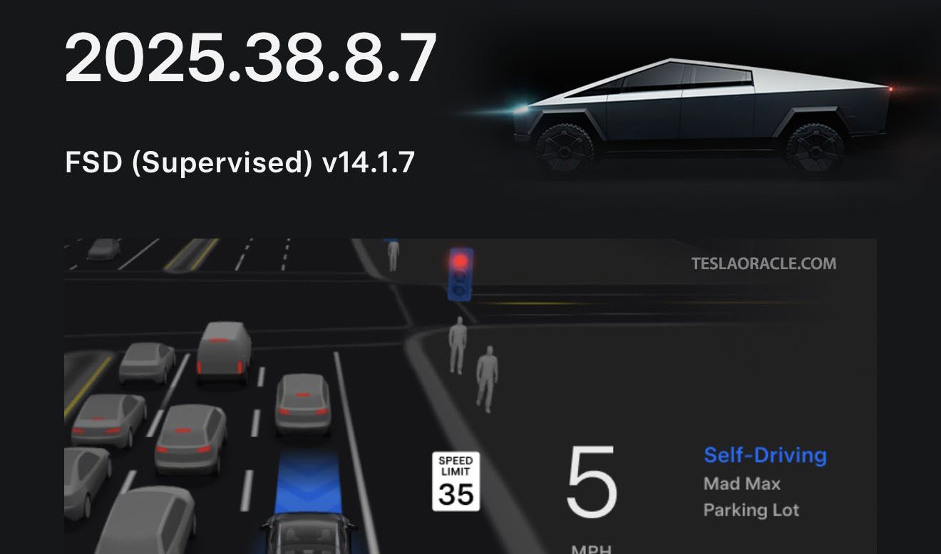 TeslaOracle_com's tweet card. Tesla rolls out FSD v14.1.7 (2025.38.8.7) to Cybertruck units and HW4 (AI4) Tesla vehicles in the US and Canada (rollout status, official release notes, more).