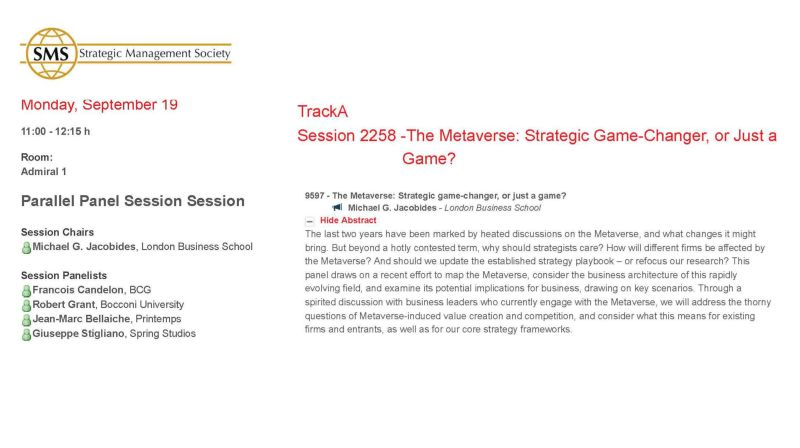 jacobides's tweet card. Much looking forward to another buzzword-busting session in The Strategic Management Society Annual Meetings in London. We'll explore what the #metaverse really comes down to- a #Gamechanger or just...