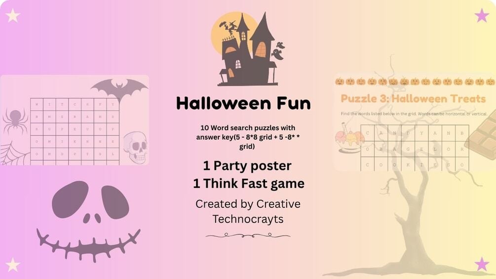 technocrayts's tweet card. Halloween party 10 word search puzzles on Colourful pages with answer keys. 10 ready-to-print puzzles that keep kids happily busy during Halloween week — no prep required.5 puzzles with 8*8 small g...