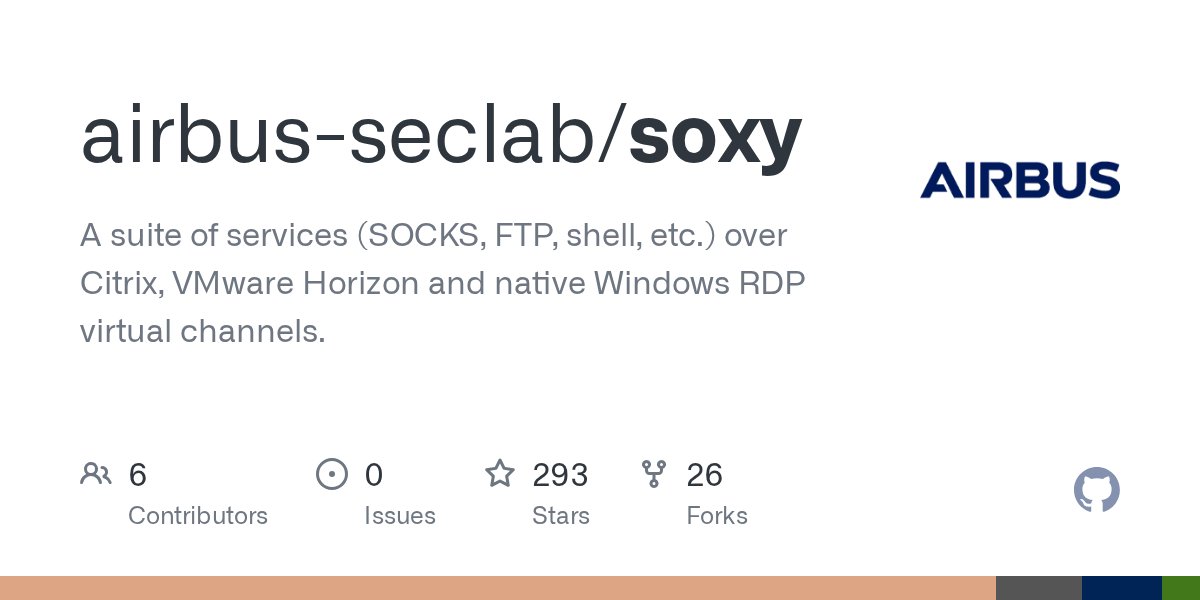 AirbusSecLab's tweet card. A suite of services (SOCKS, FTP, shell, etc.) over Citrix, VMware Horizon and native Windows RDP virtual channels. - airbus-seclab/soxy