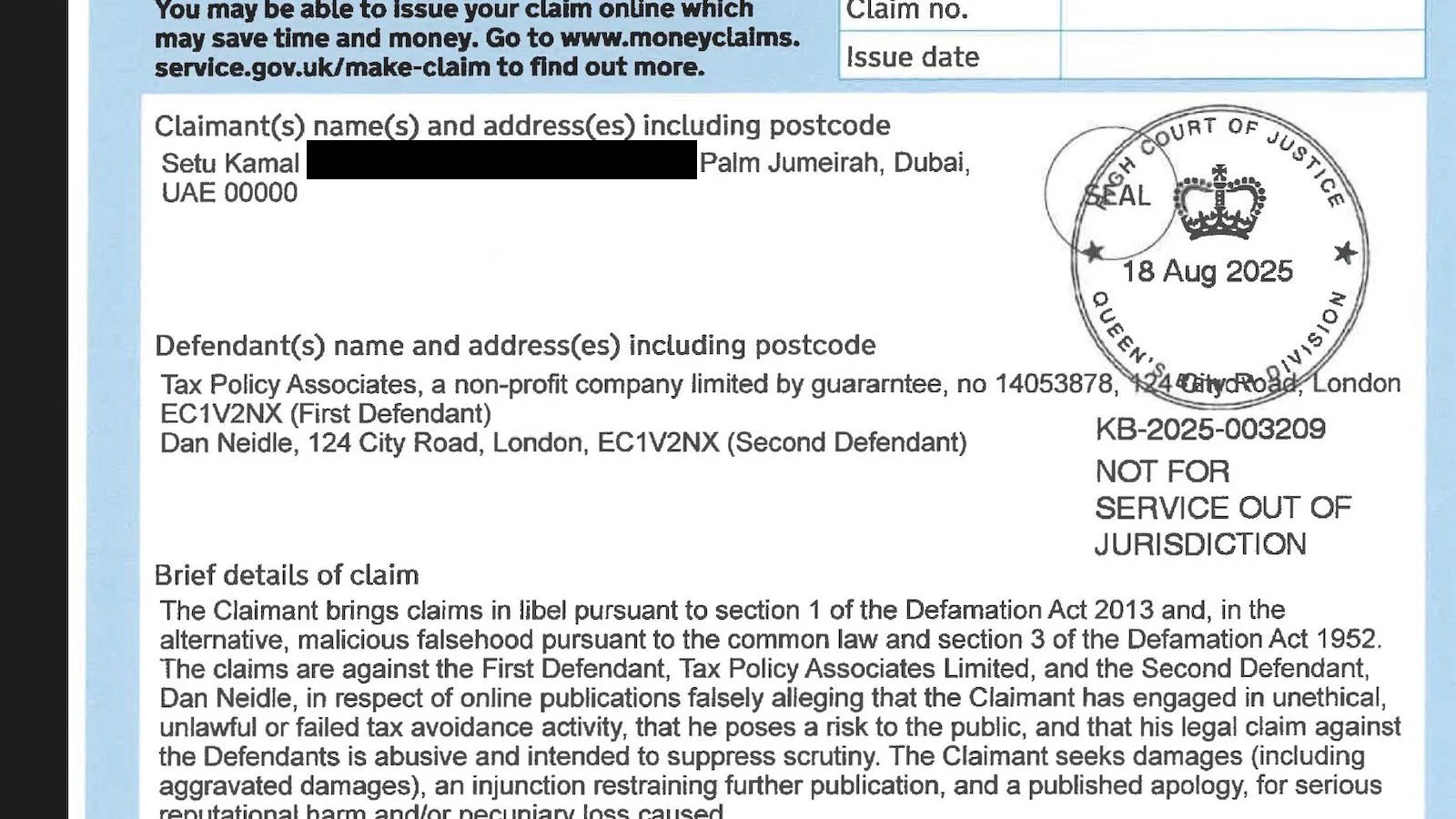 DanNeidle's tweet card. Barrister Setu Kamal is suing me for £8 million over our Arka Wealth investigation. We’re applying to strike it out as a SLAPP and will not remove the article.