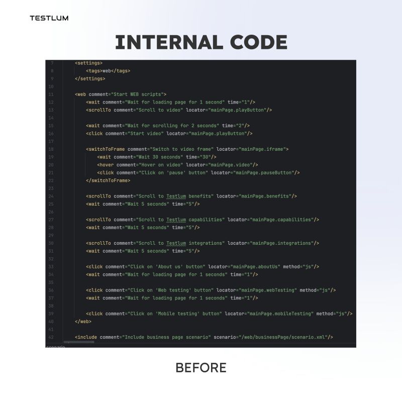 testlum's tweet card. At Testlum, we’ve transitioned from writing internal code to offering a more user-friendly solution, solving the problem of coding knowledge for manual testers as well as non-technical specialists....