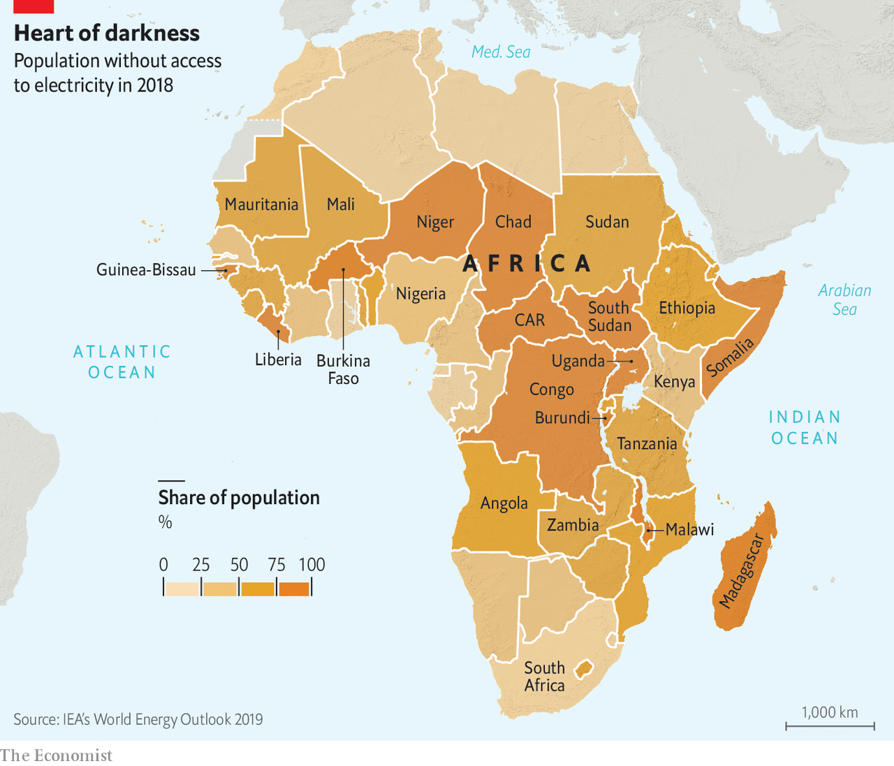 TheEconomist's tweet card. Africa will require an unprecedented effort to meet the UN’s target of electricity for all by 2030