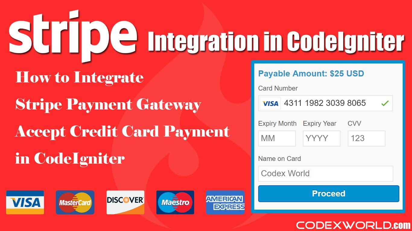 codexworldweb's tweet card. CodeIgniter Stripe Library - Stripe payment gateway integration in CodeIgniter. Integrate Stripe API to accept credit card payment in CodeIgniter web application and insert transaction information in...