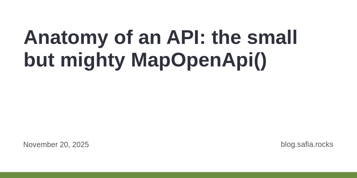 captainsafia's tweet card. A deep dive into the design decisions behind ASP.NET Core’s MapOpenApi() method exploring why it’s modeled as an endpoint, how route templating enables YAML support, and the thoughtful details that...