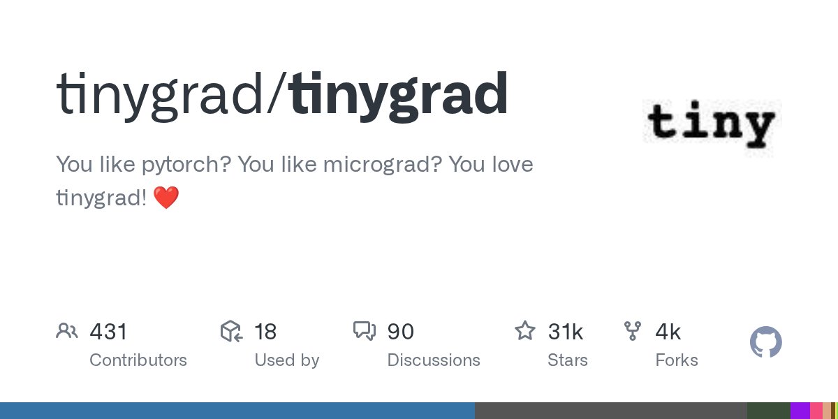 tunahorse21's tweet card. You like pytorch? You like micrograd? You love tinygrad! ❤️ - GitHub - tinygrad/tinygrad: You like pytorch? You like micrograd? You love tinygrad! ❤️