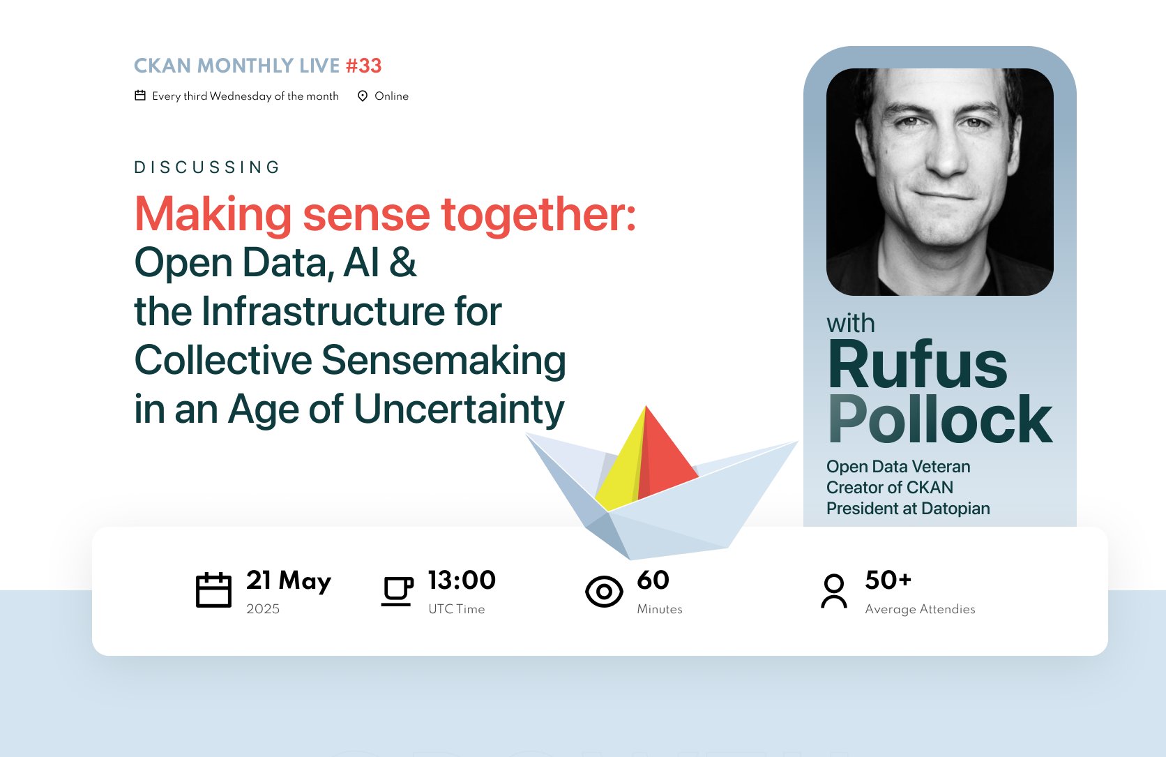 CKANproject's tweet card. Join CKAN creator Rufus Pollock as he shares the personal journey behind CKAN, the role of open data and AI in today’s world, and why sensemaking—not just access—must guide the tools we build.